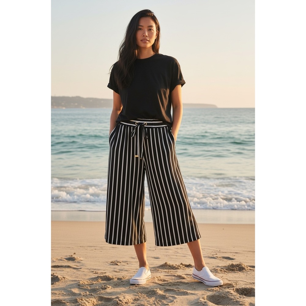 NWT Michael Kors‎ Cropped Wide Leg Pants Womens M Black White Striped Nautical